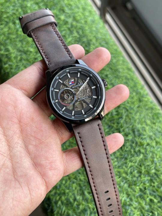 TOMMY HILFIGE AUTOMATIC SKELETON LEATHER BROWN BLACK 842