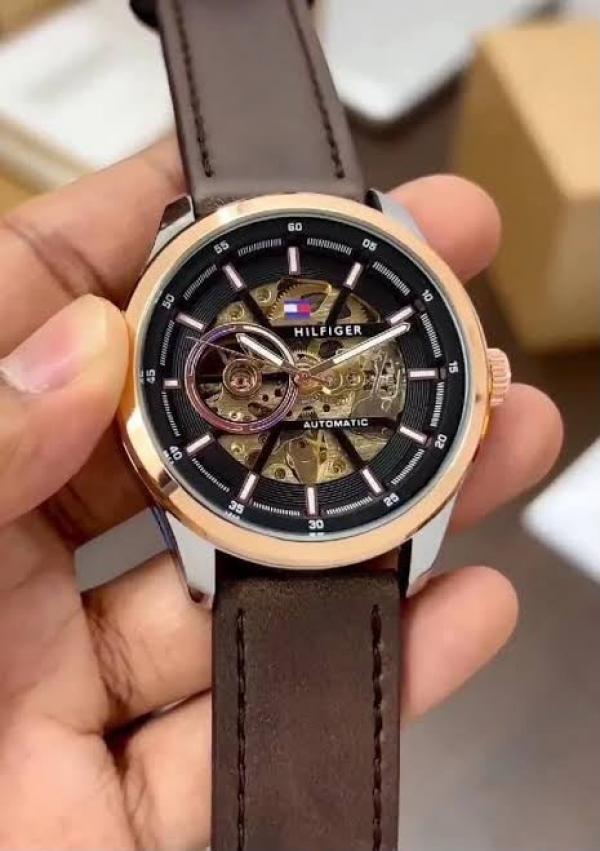 TOMMY HILFIGE AUTOMATIC SKELETON LEATHER BROWN ROSE 843