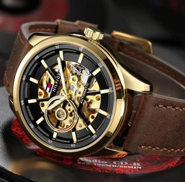 TOMMY HILFIGE AUTOMATIC SKELETON LEATHER BROWN GOLD  BLACK 847