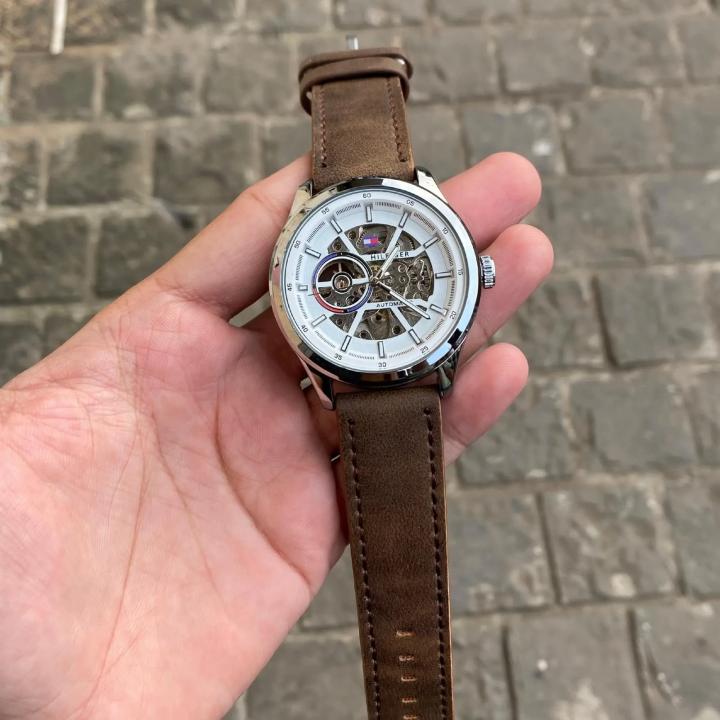 TOMMY HILFIGE AUTOMATIC SKELETON LEATHER BROWN SIL WHITE 849