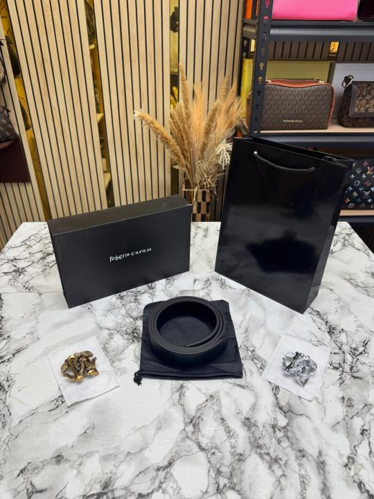 Roberto Cavalli Snake Logo Black Leather Belt Combo With Box And Dust Bag Including Carry Bag