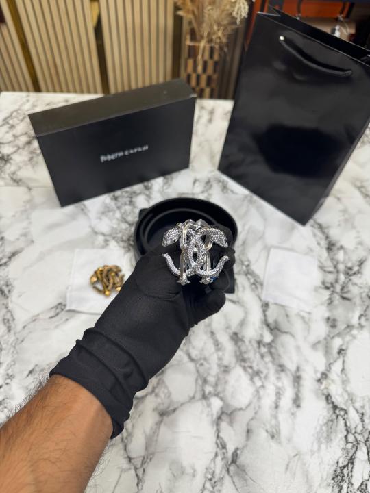 Roberto Cavalli Snake Logo Black Leather Belt Combo With Box And Dust Bag Including Carry Bag