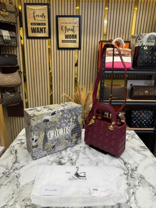 Christian Dio Medium Cannage Lady Handbag With Box And Dust Bag (Maroon) 2305