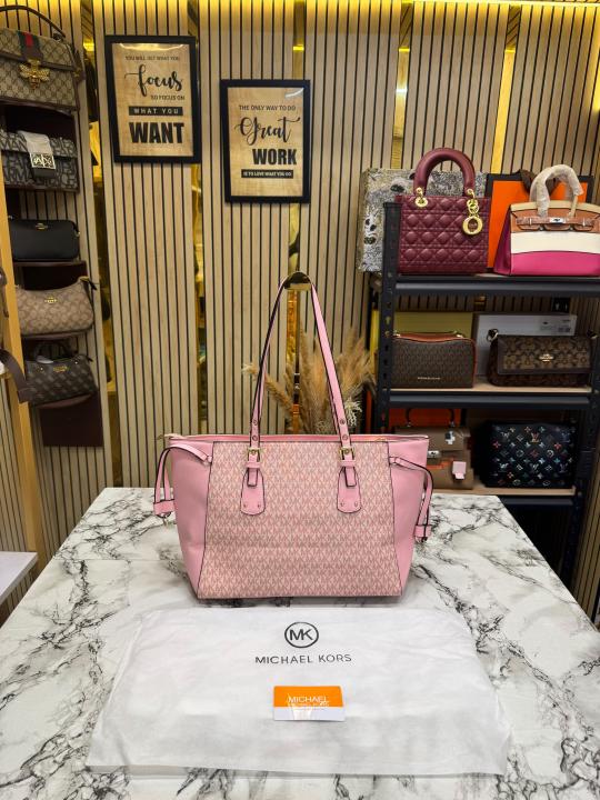 Michael Kor Jet Set Travel Signature Logo Large Top-Zip Tote Bag With Dust Bag (Pink)