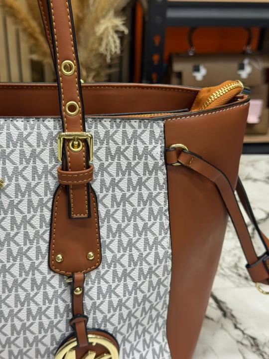 Michael Kor Jet Set Travel Signature Logo Large Top-Zip Tote Bag With Dust Bag (Beige Brown)