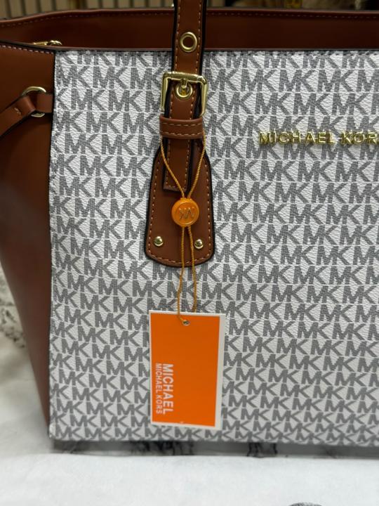 Michael Kor Jet Set Travel Signature Logo Large Top-Zip Tote Bag With Dust Bag (Beige Brown)
