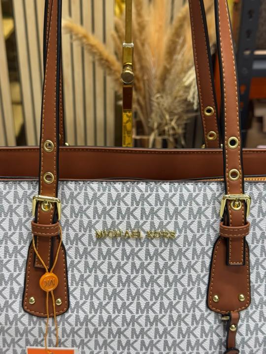 Michael Kor Jet Set Travel Signature Logo Large Top-Zip Tote Bag With Dust Bag (Beige Brown)