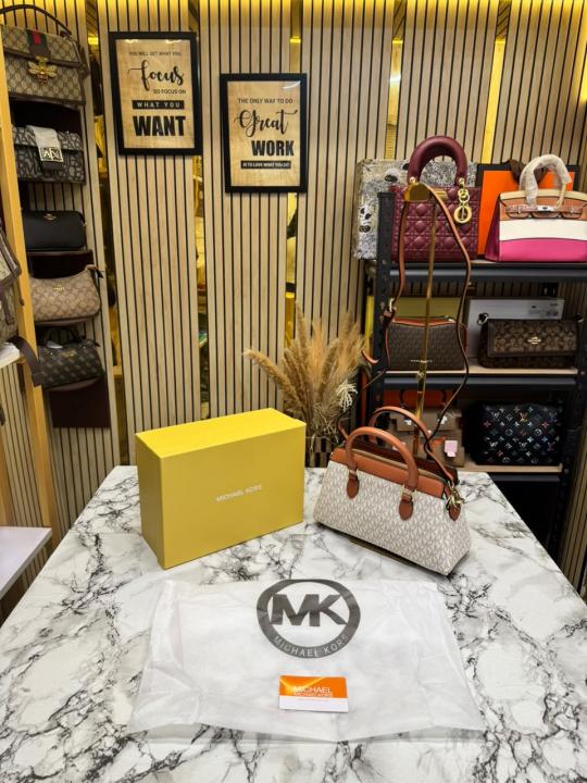 Michael Kor Ciara Medium Logo Satchel Bag With Box And Dust Bag (Beige Brown) (M2387)