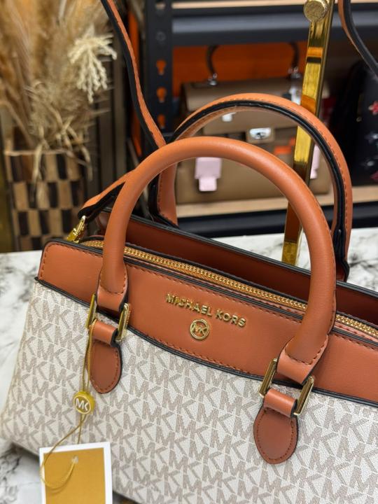 Michael Kor Ciara Medium Logo Satchel Bag With Box And Dust Bag (Beige Brown) (M2387)