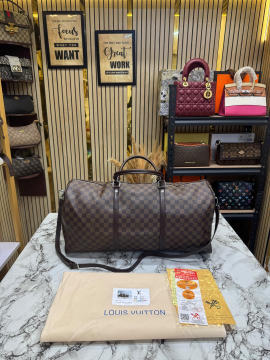 Loui Vuitton Keep All Bandouliere Checks Duffle Bag With Dust Bag (Brown)