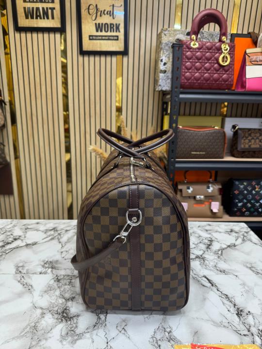 Loui Vuitton Keep All Bandouliere Checks Duffle Bag With Dust Bag (Brown)