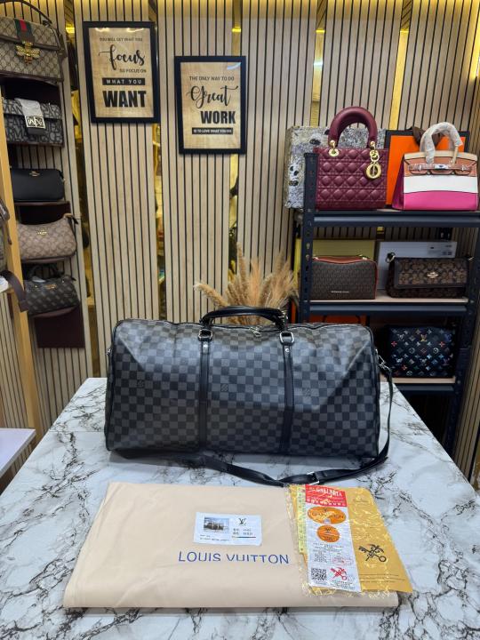 Loui Vuitton Keep All Bandouliere Checks Duffle Bag With Dust Bag (Black)
