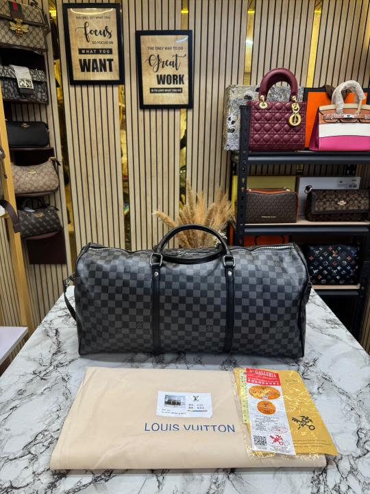 Loui Vuitton Keep All Bandouliere Checks Duffle Bag With Dust Bag (Black)