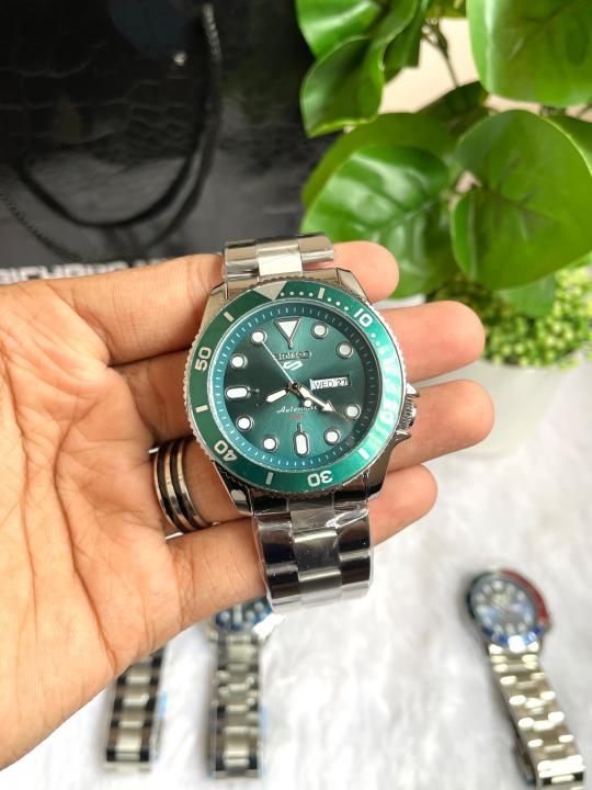 Seiko 5 Sports Day Date Open Back Silver Green AT458