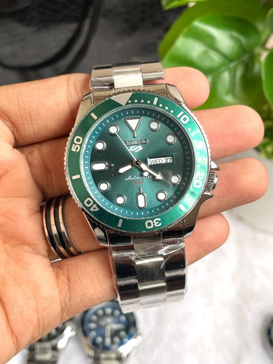 Seiko 5 Sports Day Date Open Back Silver Green AT458