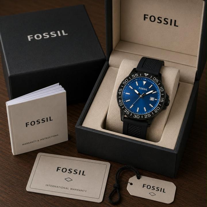 Fossiil Bannon Back Open Blue Dial Black Silicone Strap