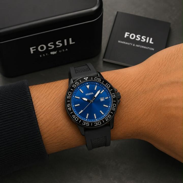 Fossiil Bannon Back Open Blue Dial Black Silicone Strap