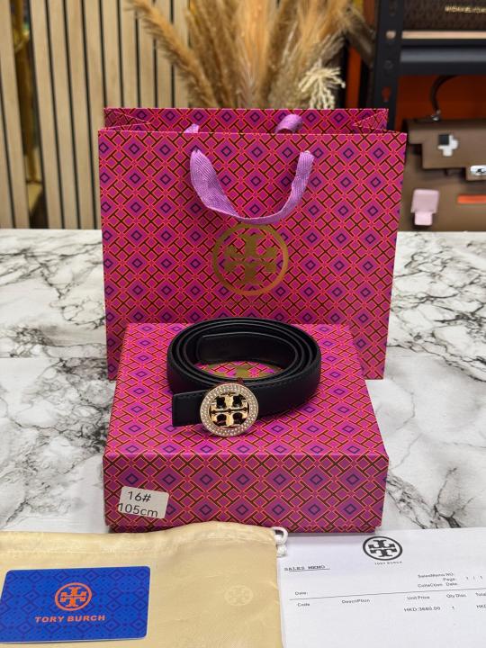 Tory Burc Black Leather Belt with Crystal Studded Gold Logo Buckle Includes Box Dust Bag And Carry Bag (T16)