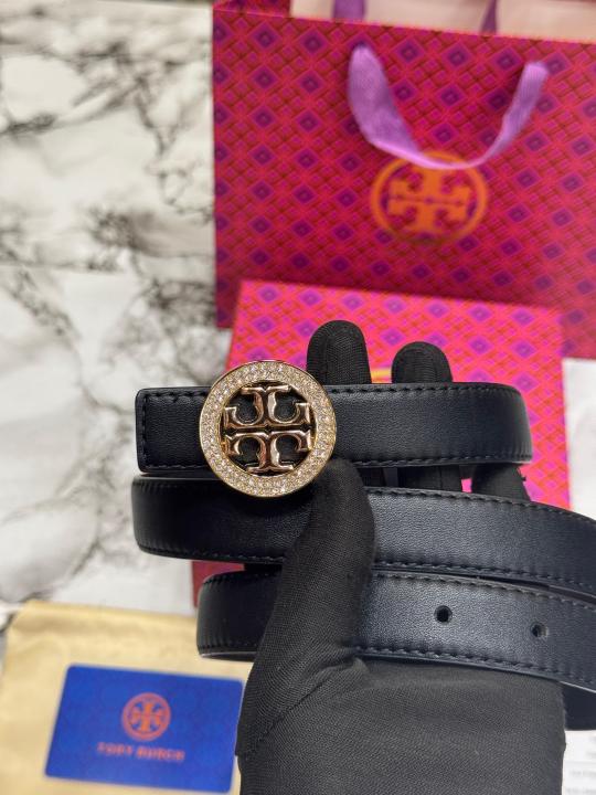 Tory Burc Black Leather Belt with Crystal Studded Gold Logo Buckle Includes Box Dust Bag And Carry Bag (T16)