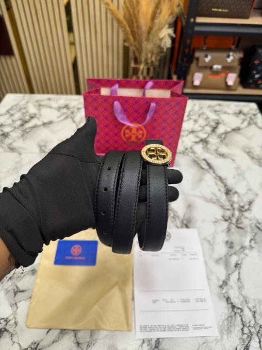 Tory Burc Black Leather Belt with Crystal Studded Gold Logo Buckle Includes Box Dust Bag And Carry Bag (T16)