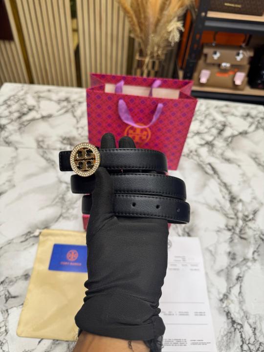 Tory Burc Black Leather Belt with Crystal Studded Gold Logo Buckle Includes Box Dust Bag And Carry Bag (T16)