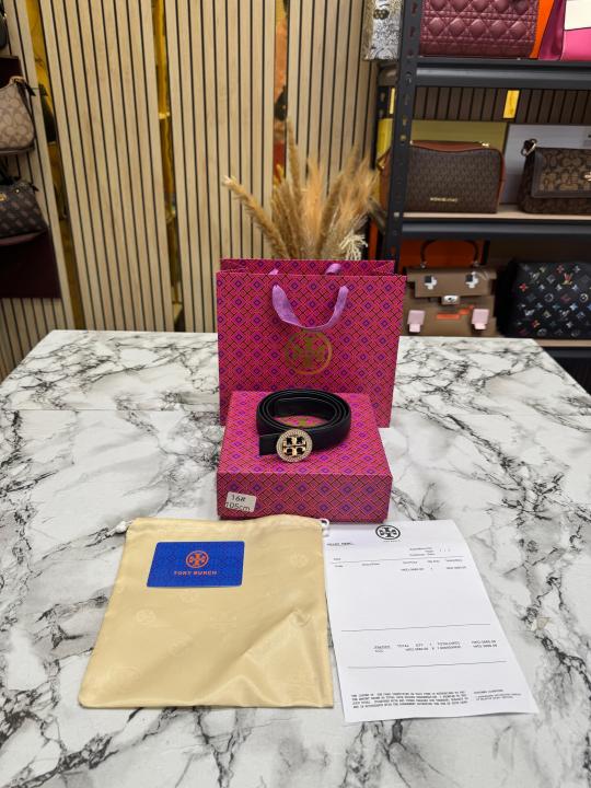 Tory Burc Black Leather Belt with Crystal Studded Gold Logo Buckle Includes Box Dust Bag And Carry Bag (T16)