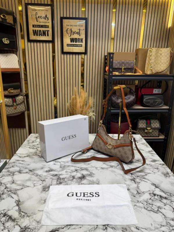 Guess Signature Monogram Baguette Shoulder Bag With Box And Dust Bag (Brown)