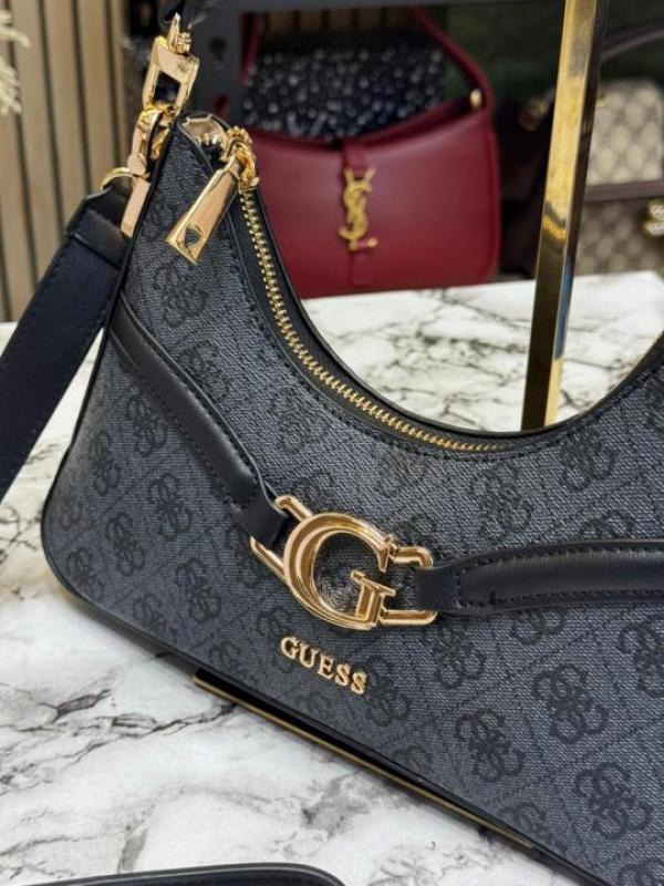 Guess Signature Monogram Baguette Shoulder Bag With Box And Dust Bag (Grey)