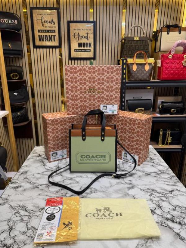 Coac Field Tote Mini Leatherware Print Colorblock Leather Crossbody Bag With Box And Dust Bag (C 80)(Green)