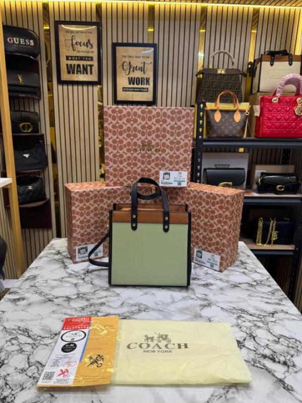 Coac Field Tote Mini Leatherware Print Colorblock Leather Crossbody Bag With Box And Dust Bag (C 80)(Green)