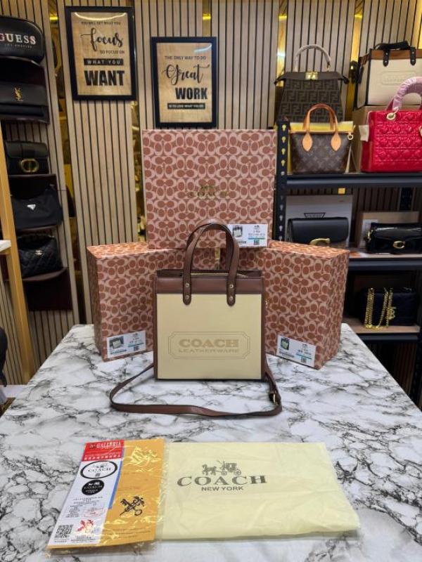 Coac Field Tote Mini Leatherware Print Colorblock Leather Crossbody Bag With Box And Dust Bag (C 80)(Apricot)