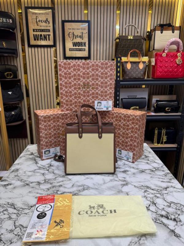 Coac Field Tote Mini Leatherware Print Colorblock Leather Crossbody Bag With Box And Dust Bag (C 80)(Apricot)