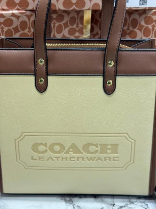 Coac Field Tote Mini Leatherware Print Colorblock Leather Crossbody Bag With Box And Dust Bag (C 80)(Apricot)