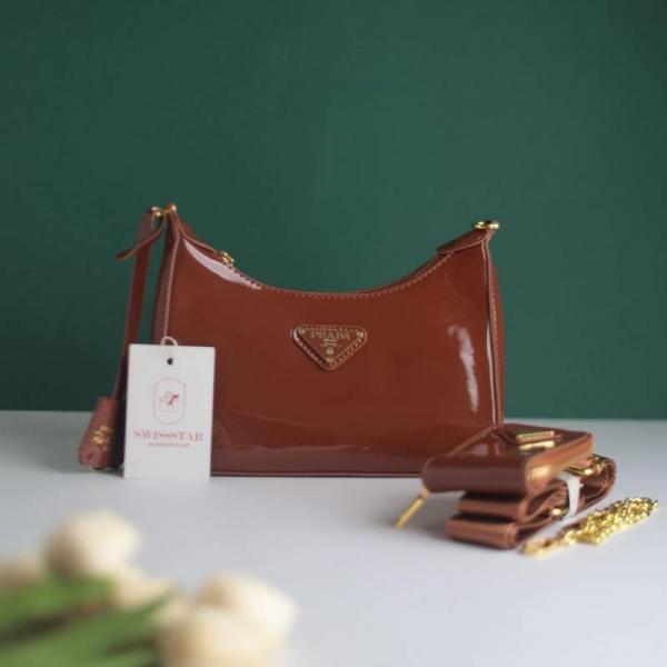 PRADDA RE EDITION GLOSSY BAG WITH SLIGHTLY DAMAGED BOX DUST BAG CARD BROWN DAMAGE BOX