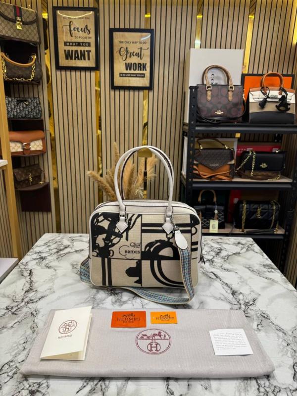 Hermees Equestrian Print Canvas Top Handle Crossbody Bag (White)