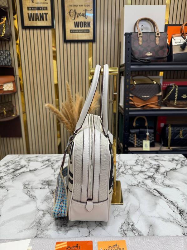 Hermees Equestrian Print Canvas Top Handle Crossbody Bag (White)