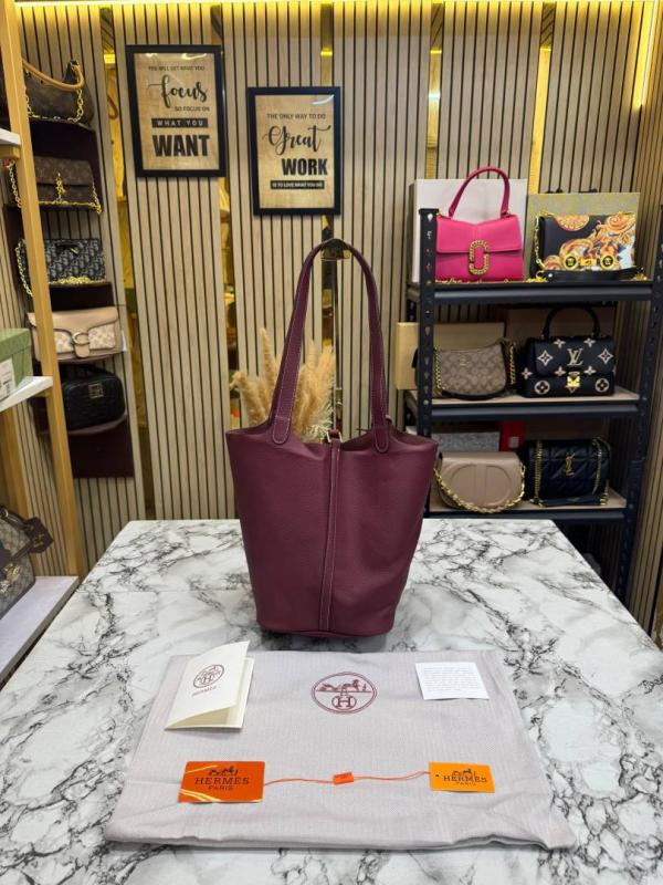 Hermees Picotin Lock Style Leather Tote Bag With Dust Bag (Wine)