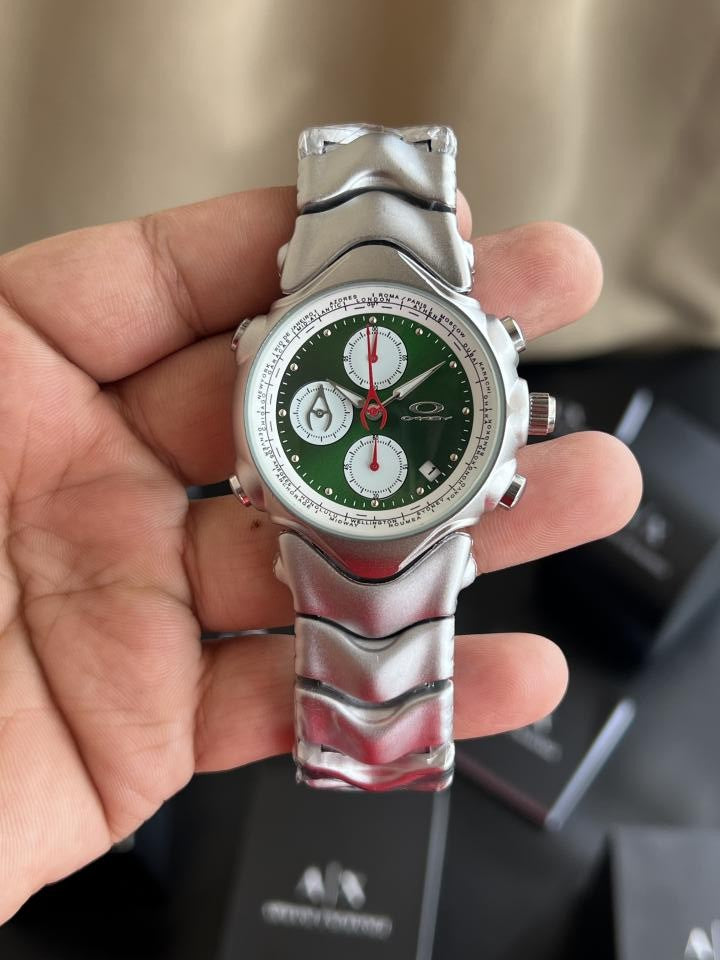 OAKLE SILVER GREEN ALL CHRONO WORKING PREMIUM WATCH