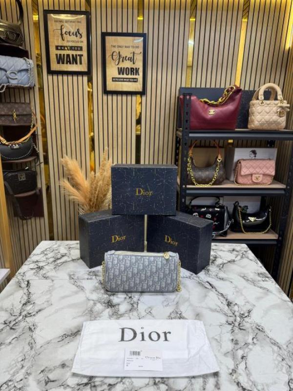 Christian Dio Oblique Jacquard Bow Chain Crossbody Bag (2800-Gray)