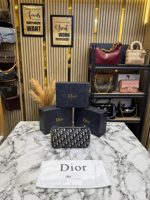 Christian Dio Oblique Jacquard Bow Chain Crossbody Bag (2800-Blue)