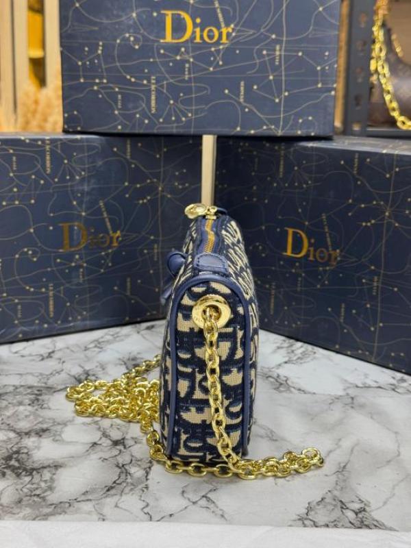 Christian Dio Oblique Jacquard Bow Chain Crossbody Bag (2800-Blue)