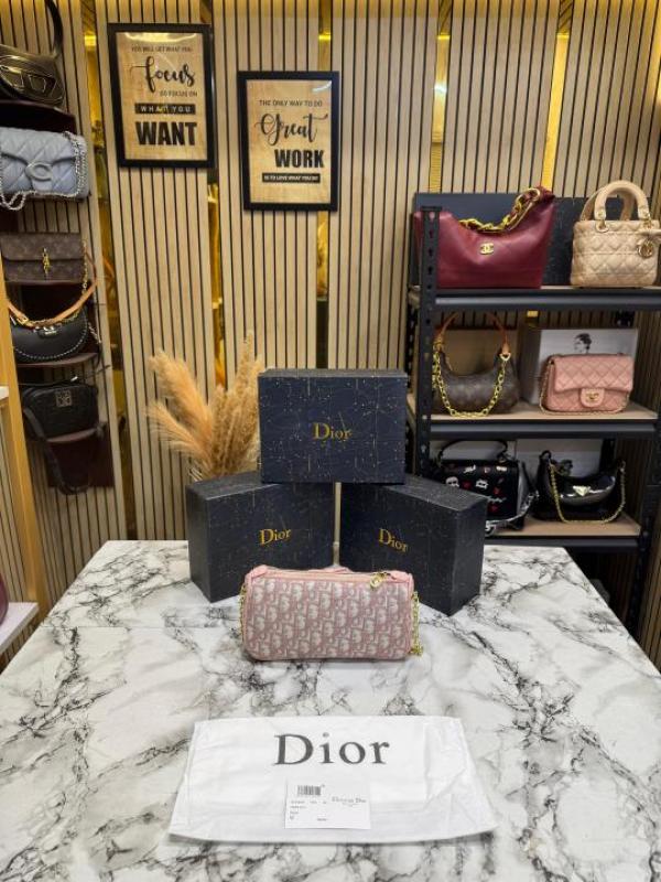 Christian Dio Oblique Jacquard Bow Chain Crossbody Bag (2800-Pink)