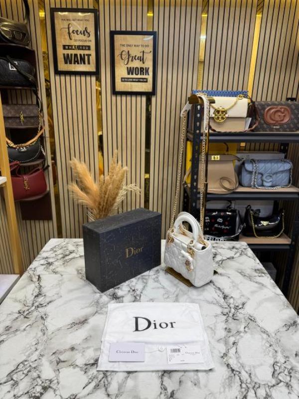Christian Dio Mini Lady D-Joy Cannage Lambskin Shoulder Bag With Box & Dust Bag (2807-White)