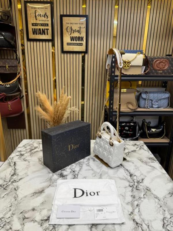 Christian Dio Mini Lady D-Joy Cannage Lambskin Shoulder Bag With Box & Dust Bag (2807-White)