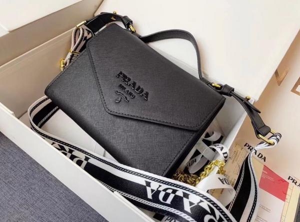 Prad Saffiano Leather Envelope Crossbody Bag With Box And Dust Bag (Black)