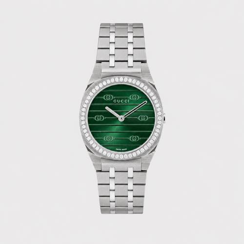 Gucci 25H 30mm Silver Green Diamond Bezel