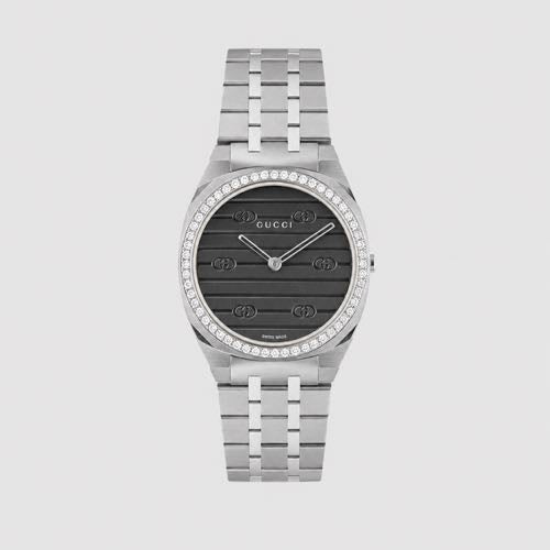 Gucci 25H 30mm Silver Black Diamond Bezel