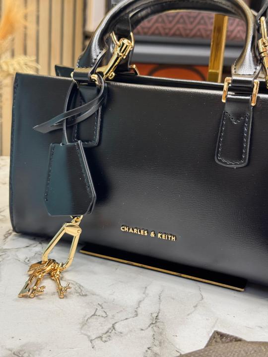 Charle & Keith Structured Top Handle Shoulder Bag With Box And Dust Bag (Black)