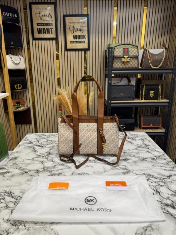 Michael Kor Romee Signature Logo Crossbody Bag With Dust Bag And Card (Beige)