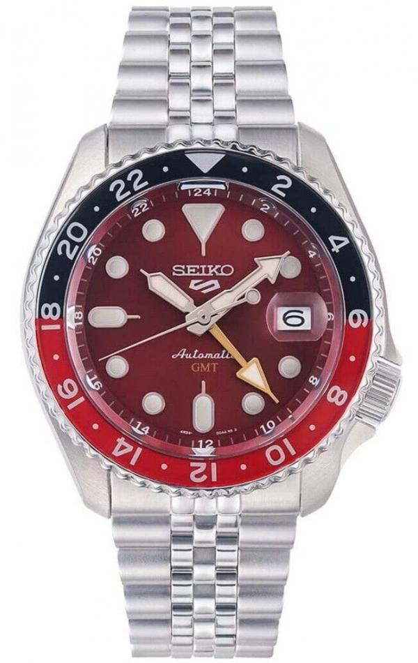 Seiko 5 GMT Automatic Silver Chain Vibrant Red Dial